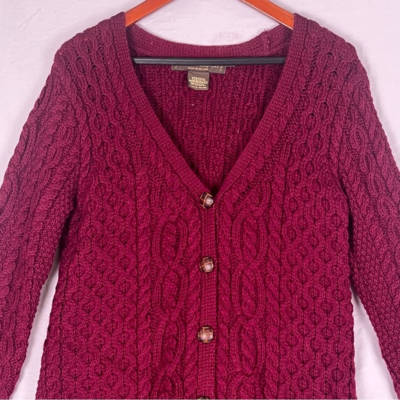 Aran Crafts Merino Wool CableKnit Cardigan Coat Sweater Womens Medium Brick Red - Picture 2 of 10
